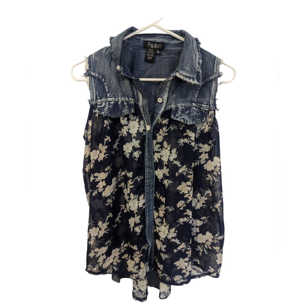 Sexy half denim top.  Small with white floral.  Very good condition